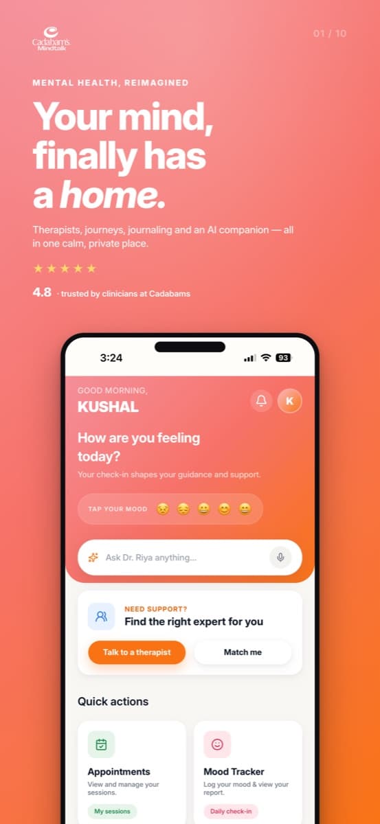 Mindtalk app — home screen with mood check-in and quick actions