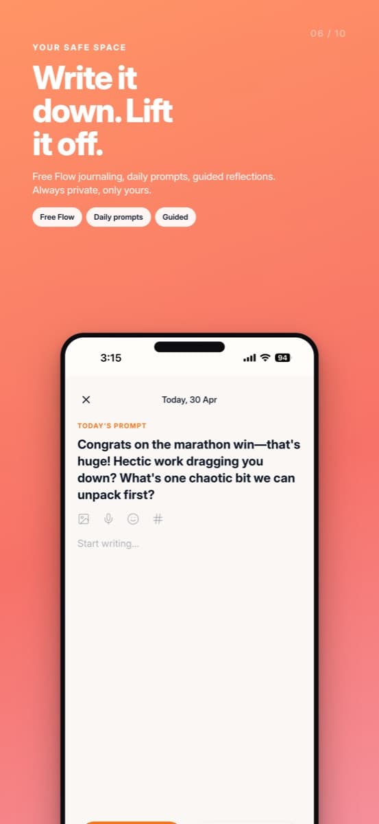 Mindtalk app β guided journal with daily prompts and free-flow writing